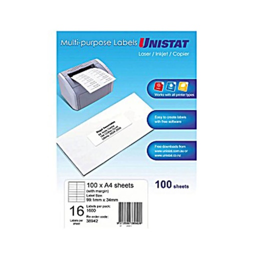 [WS1AWAN01] Unistat Label with Margin 16/sheet 99.1x34mm (100pk)