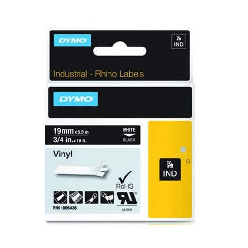 [WS1EAQN01] Dymo Rhino Vinyl Tape Label White on Black (19mmx5.5m)
