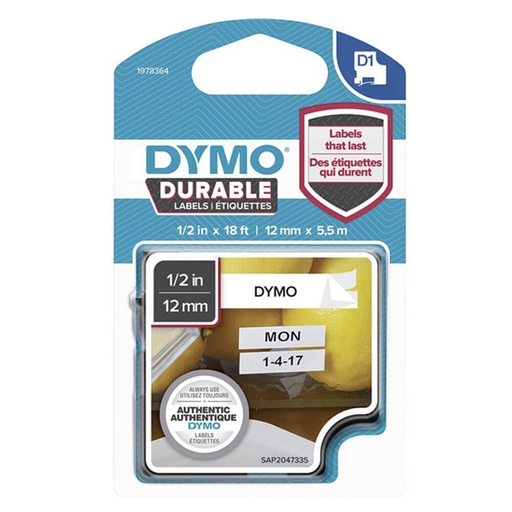 [WS1UBLY01] Dymo D1 Durable Tape Label 12mmx5.5m (Black on White)