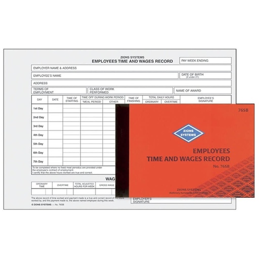 [WS1QTKH01] Zions Employees Time & Wage Record Book