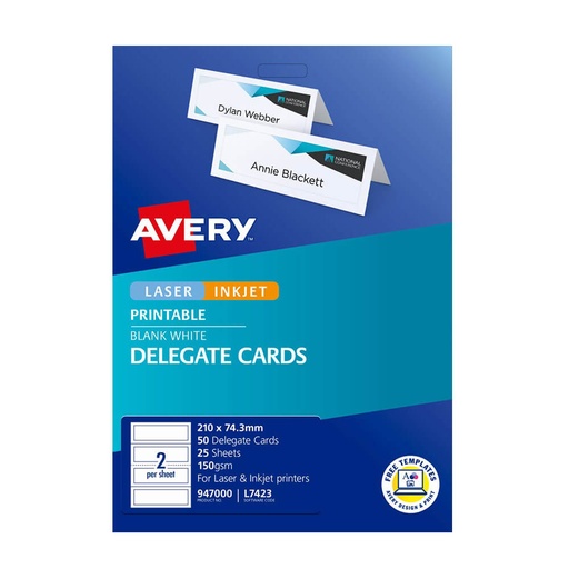 [WS1WKQI01] Avery Delegate Card Laser Label 210x74.25mm 25pk (2/sheet)