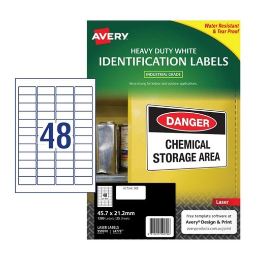 [WS1KLTU01] Avery Heavy Duty Laser Label 45.7x21.2mm 25pk (48/sheet)