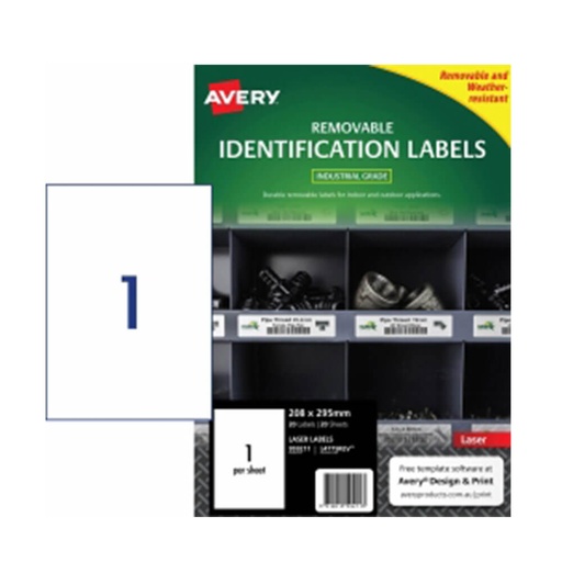 [WS1UQFJ01] Avery Heavy Duty Removable Laser Label 208x295mm 20pk