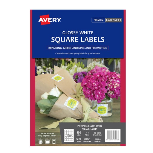 [WS1EPFO01] Avery Events & Branding Square Gloss Label 10pk (20/sheet)