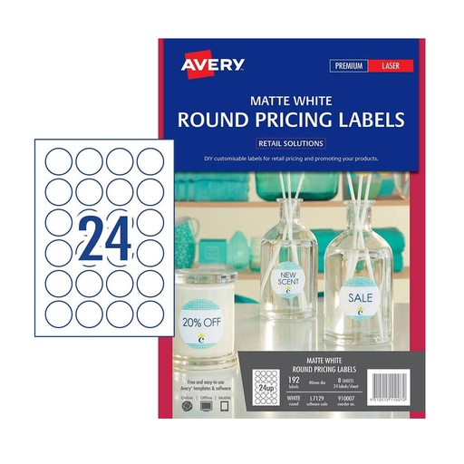[WS1LKQU01] Avery Round Laser Labels 40mm 8pk (24/sheet)