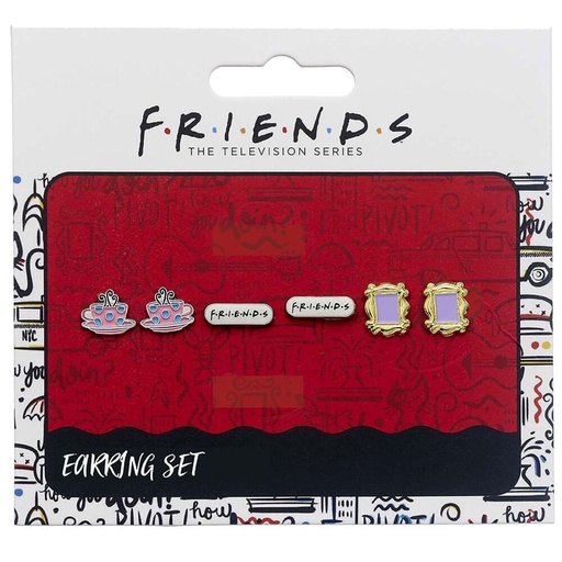 [VR4XAIP01] Friends Stud Earrings Frame Coffee Cup & Logo Set of 3