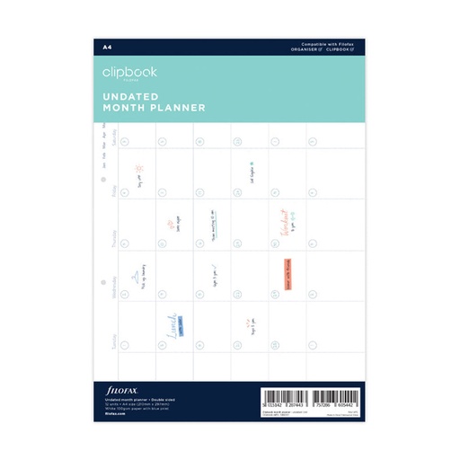 [BM3ISKL01] Filofax A4 Clipbook Month Planner Refill 12pk